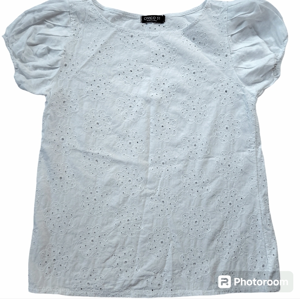 Civico 51 Made in Italy Eyelet Linen Cotton Top White size S